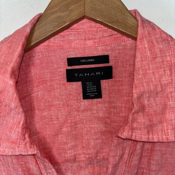 Tahari Women's Collared V-Neck Linen Shirt Blouse Tunic 3/4 Sleeve Pink Peach 2X - Picture 10 of 10